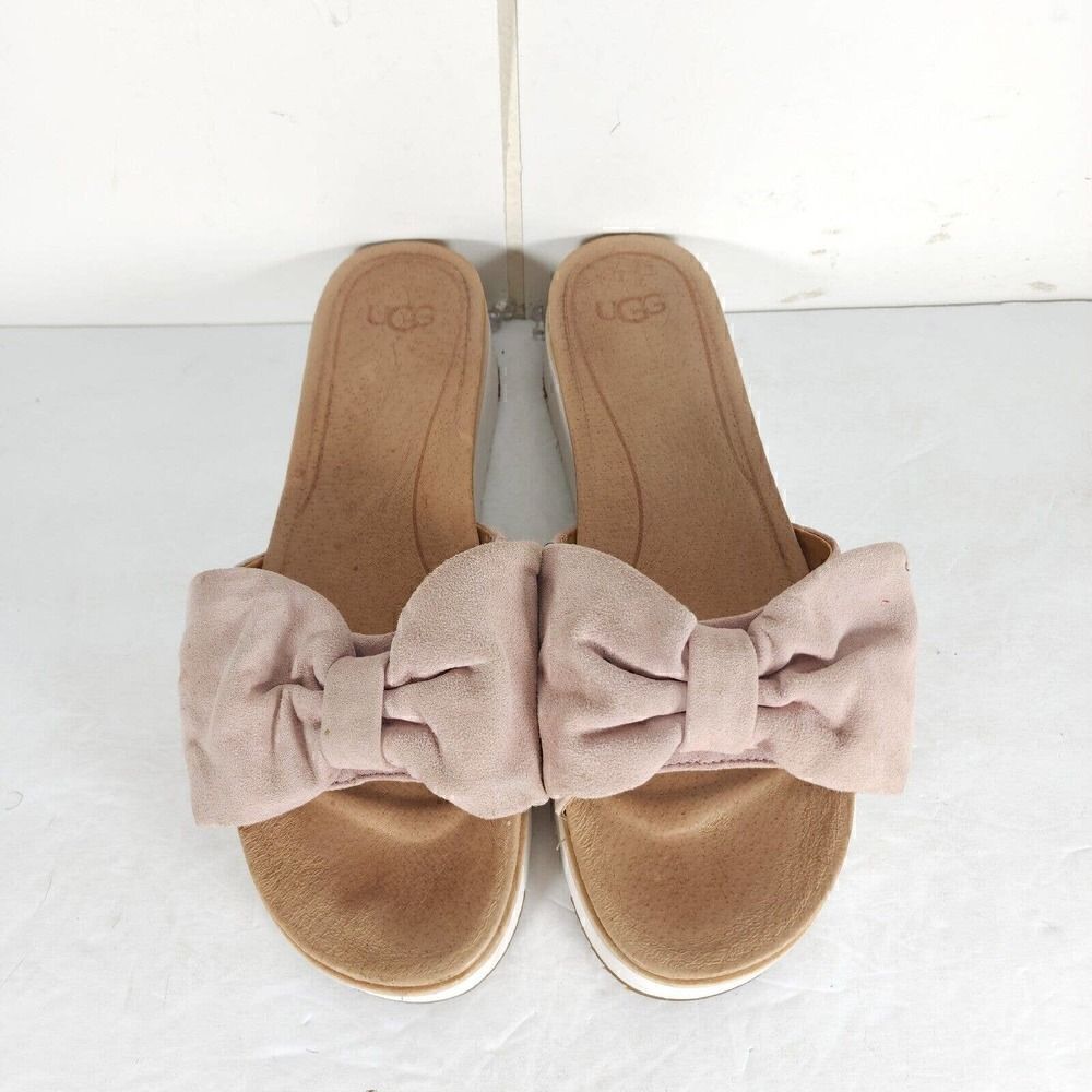 UGG Women's Joan US 10 Pink Suede Bow Open Toe Platform Slide Sandals - Picture 13 of 14
